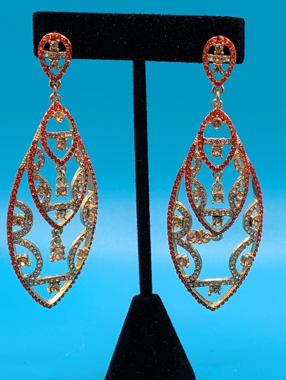 Gold-Tone Reddish Orange Crystal Filigree Drop Earrings